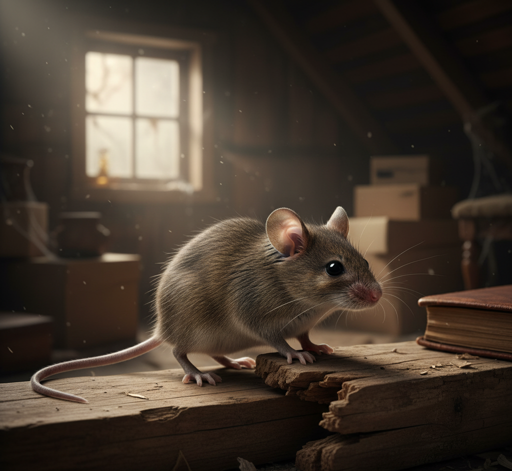 A mouse inside an attic near a window, a typical scene showing where Rodent Control in St. Louis services are most effective.