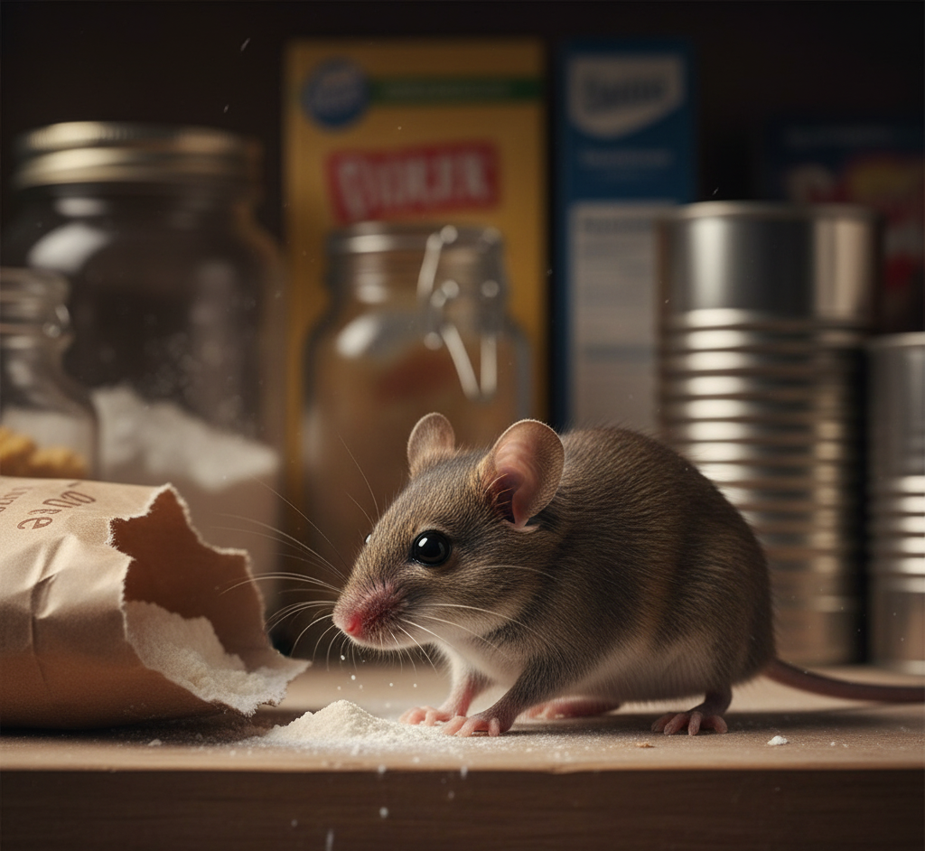 A mouse eating spilled flour on a kitchen shelf, highlighting food contamination issues solved by Rodent Control in St. Louis.