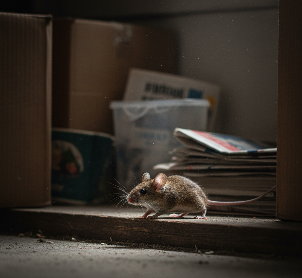 A small mouse exploring a cluttered storage area, showing common signs of infestation that require Rodent Control in St. Louis.